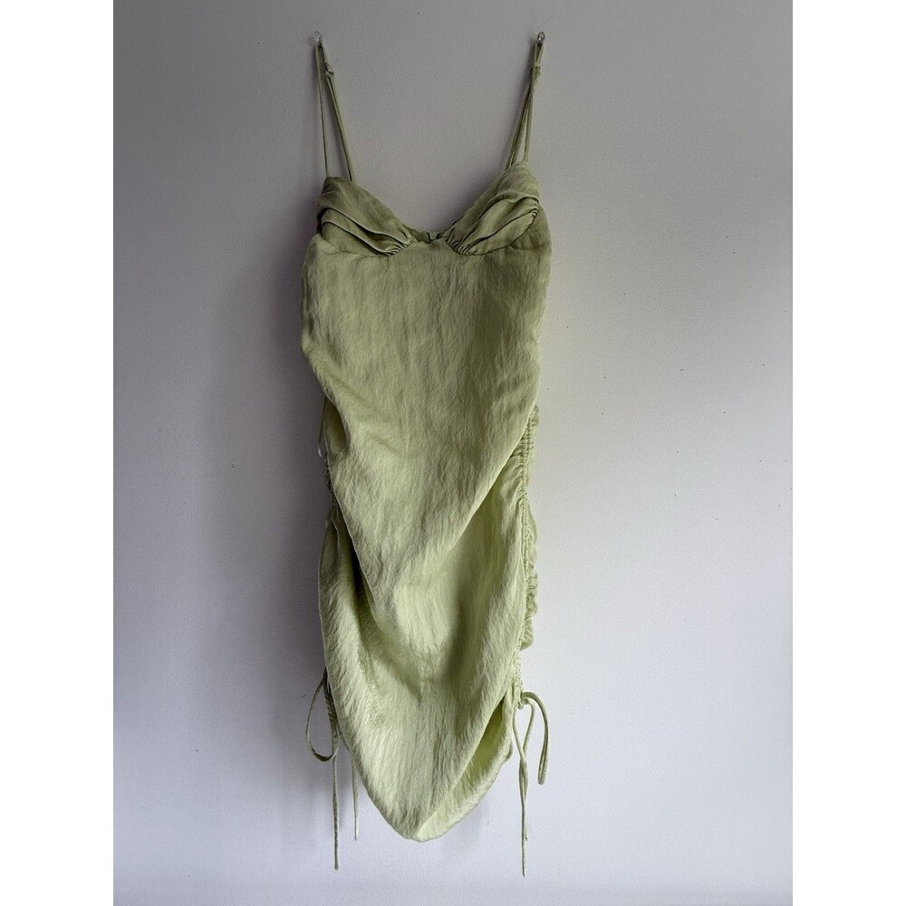 ZARA Green Draped Mini Dress Size S Ruched Side Cutout Back Linen Blend Sexy